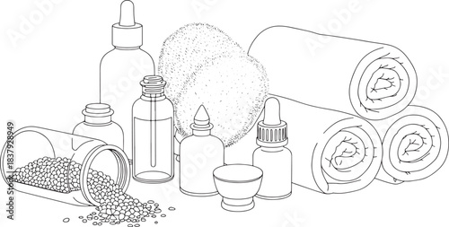 Minimalist line art illustration of spa and beauty products with rolled towels wellness skincare