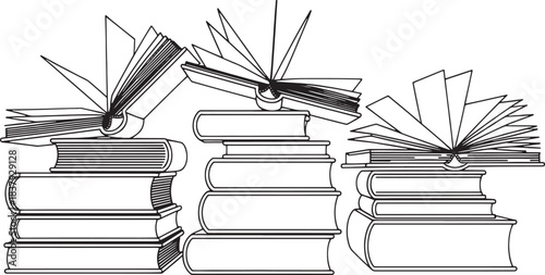 Three stacks of open and closed books in black and white line art open book