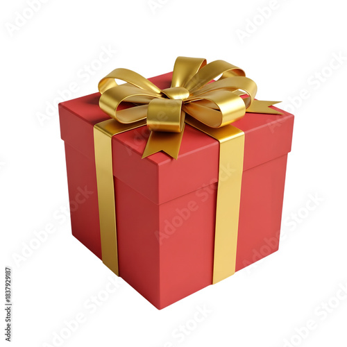 Red gift box tied with elegant gold ribbon and bow on transparent background 