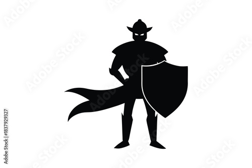 Black fantasy warrior logo featuring a knight with cape and shield emblem Vector illustration