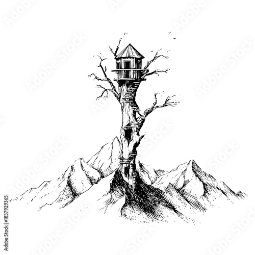 Hand drawn treehouse on mountain peak illustration vector art for print and design element needs