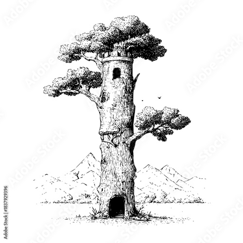 Enchanted treehouse tower illustration with fantasy landscape and nature elements for design projects