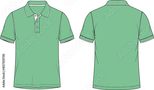 Classic Polo Shirt CAD Drawing, Vector Flat Sketch: Short Sleeve Golf Top Template with Collar and Button Placket, Technical Apparel Design Mockup