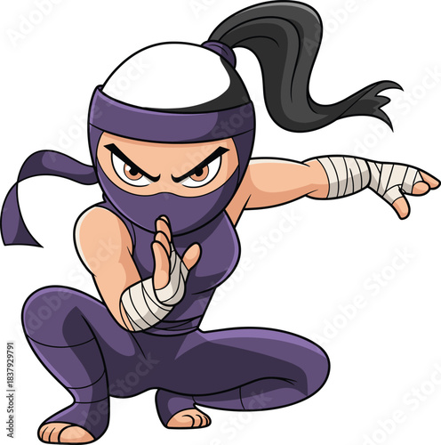 Cool Female Ninja Warrior Character in Purple Suit Crouching in Action Pose, Vector Cartoon Mascot for Gaming and Martial Arts Design
