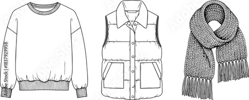 Cozy Winter Essentials CAD Drawing, Vector Flat Illustration: Oversized Sweatshirt, Puffer Vest, and Knitted Scarf Technical Sketch, Fashion Apparel Set Design