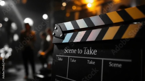 Film set: focus on clapboard with blurred crew in background