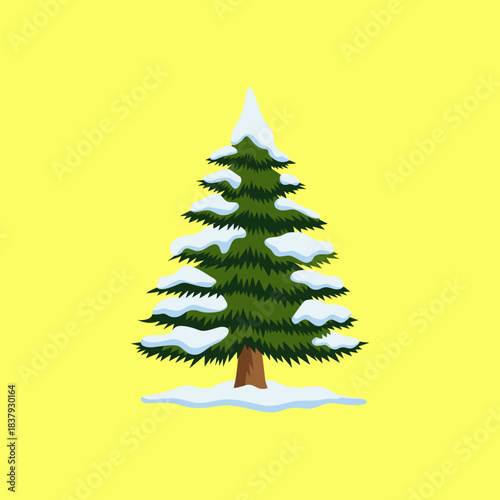 Cartoon illustration of a snow-covered evergreen tree on a vibrant yellow background, depicting winter scenery.