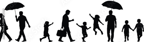 Silhouettes of People Walking in the Rain: Diverse Family and Business Individuals with Umbrellas and Children Playing Happily on a White Background Vector Illustration, Black and White