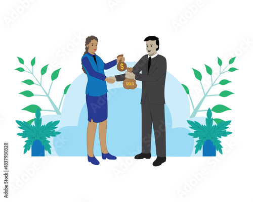Vector illustration design of a man and a woman who appear to be doing investment business and buying and selling transactions, namely a bag of money and a bag of gold