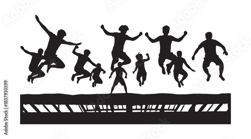 Trampoline silhouettes of people in mid-air

