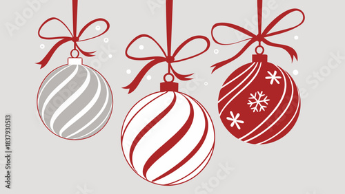 Festive Christmas balls tied with red ribbons and bows, holiday card vector illustration.