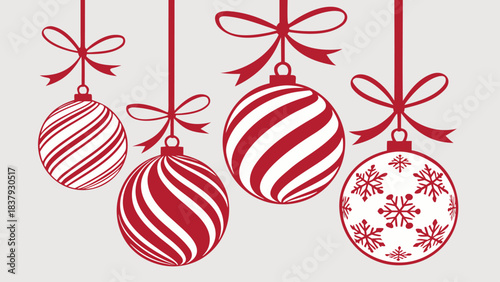Vector Christmas card featuring decorative balls with red ribbons and festive bows.