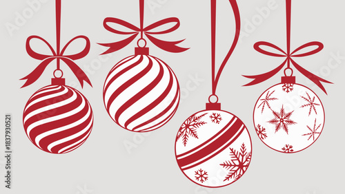 Decorative Christmas balls with red bows and ribbons, holiday greeting card vector illustration.