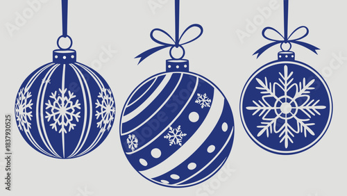 Seasonal Christmas balls featuring elegant blue ribbons and bows, holiday card vector.