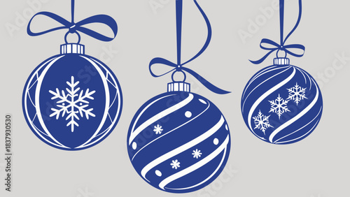 Holiday Christmas balls with blue ribbons and decorative bows, vector greeting card illustration.