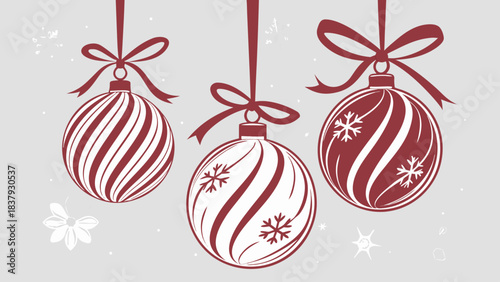 Christmas balls decorated with red ribbons and bows, festive Christmas card vector.