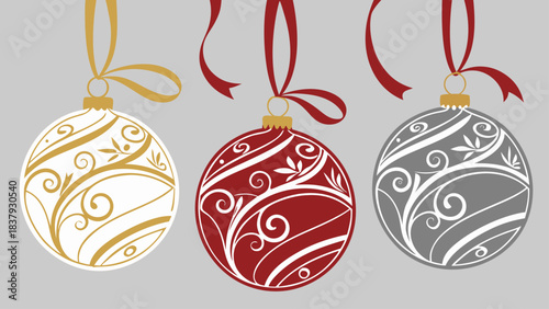 Multicolor Christmas balls with ribbons and bows arranged for festive card vector.