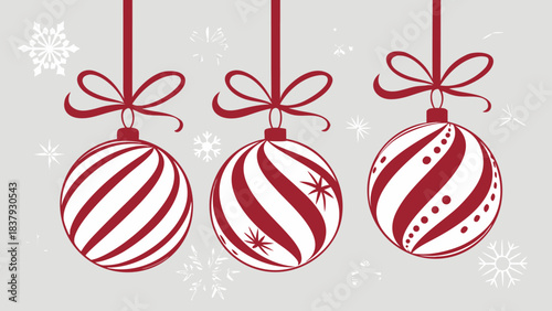 Christmas balls with elegant red bows and ribbon accents, holiday card vector illustration.