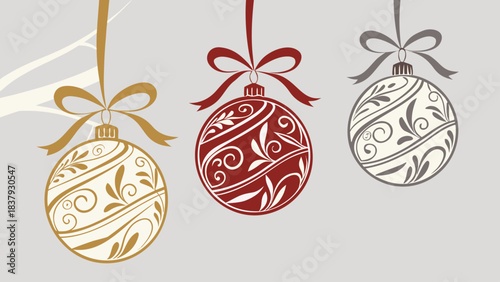 Christmas ornaments featuring colorful ribbon bows for holiday greeting card vector illustration.
