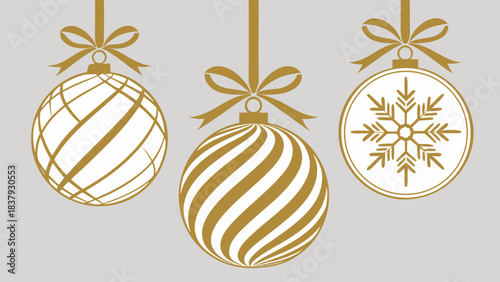 Vector Christmas card showing Christmas ornaments decorated with shiny gold ribbon bows.