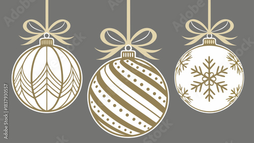 Christmas balls decorated with gold ribbons and bows, festive Christmas card vector.