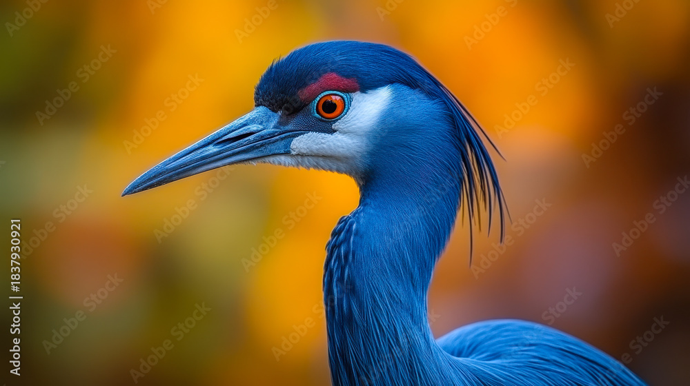 Obraz premium Close up portrait of blue crowned crane bird with vibrant blue feathers and distinctive red eye against blurred orange background wildlife photography