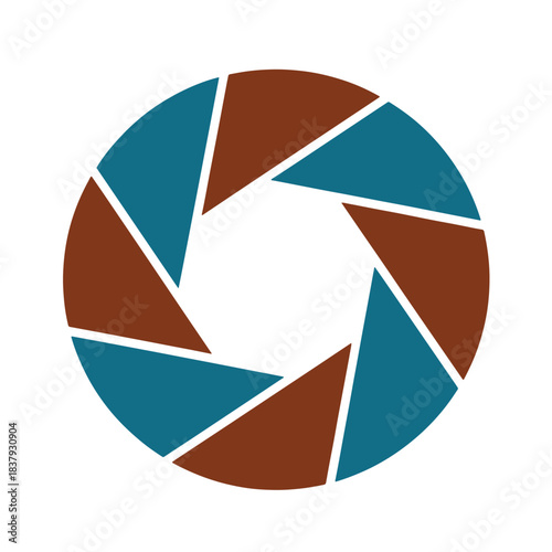 Abstract circular aperture diaphragm shape with alternating brown and teal segments circle