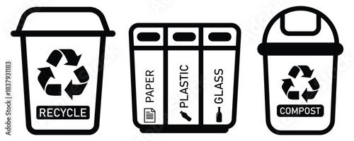 Collection of three recycling solutions: a dedicated recycle bin, a multi-compartment sorter for paper/plastic/glass, and a compost bin, promoting environmental waste separation and sustainability.