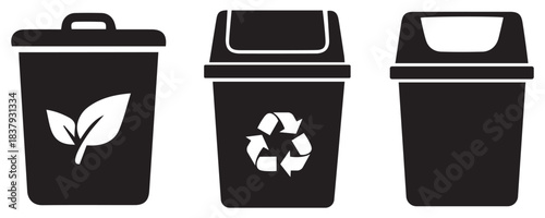 Set of three distinct waste bins: a compost bin with a leaf, a recycling container with the universal symbol, and a standard trash can, promoting ecology and environmental cleanup.