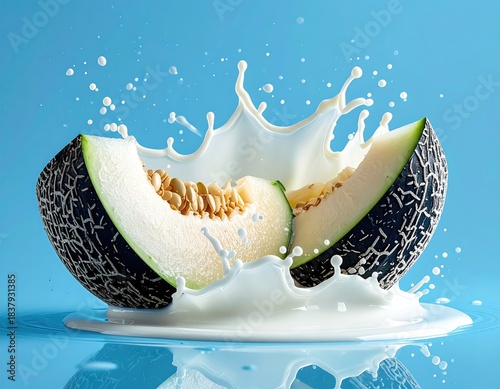 Melon slice splash milk explosion, light blue backdrop
