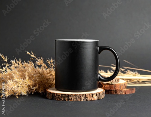 Black mug atop wood slices, dry plants on gray background
