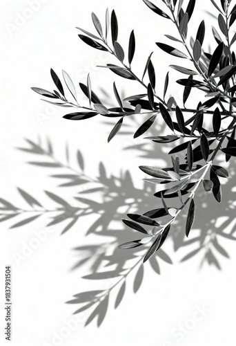 Olive Branch with Leaves and Shadows. Mediterranean Minimalist