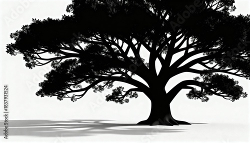 Wide Silhouette of Big Tree with Shadow. Nature Landscape