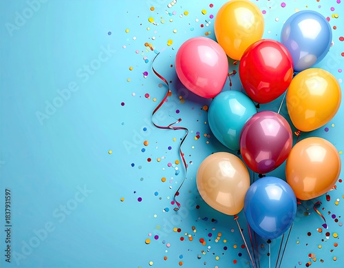 Balloons cluster with confetti on a blue background