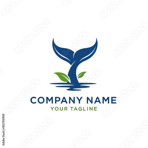 Blue Whale Tail Logo Template with Leaves and Water.