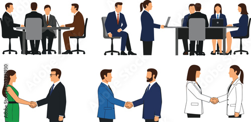 Collection of Business People Illustrations Showing Office Work, Meetings, and Professional Handshakes, Including Men and Women Collaborating, Negotiating Deals, and Demonstrating Corporate Unity