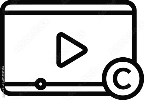 Copyrighted video player icon, play button on screen, progress bar with circular indicator, copyright badge overlapping corner, multimedia protection, digital rights management illustration