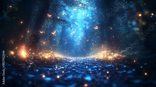 Enchanted forest with ethereal butterflies and glowing orbs beneath moonlit canopy