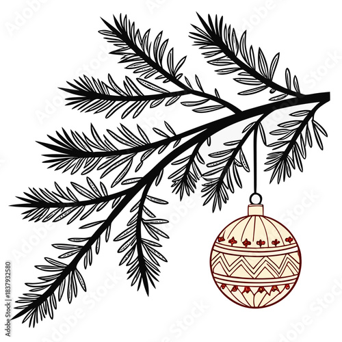 Pine branch silhouette with ornament ball black