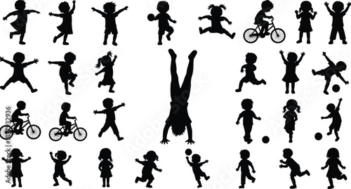 Large Collection of Silhouettes of Happy Children Playing Games, Running, Jumping, Riding Bicycles, and Doing Handstands, Illustrating Childhood Energy, Fun Activities, and Active Lifestyles