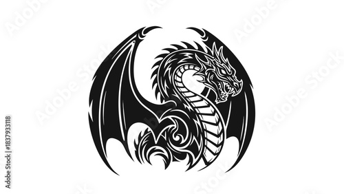 Illustrative Design of a Mythical Dragon with Outstretched Wings on a White Background