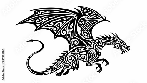 Tribal Dragon Tattoo Design, Mythical Creature Illustration, Fantasy Art, Black and White