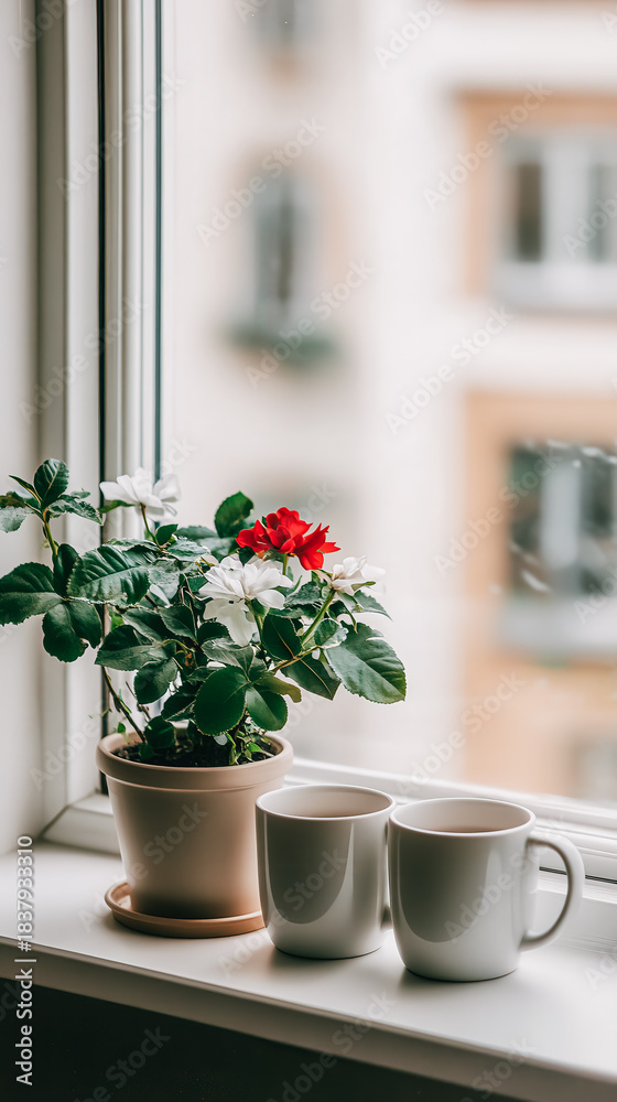 Fototapeta premium Flower pot with vibrant blooms on a sunlit windowsill beside two white mugs, representing love, warmth, and the beauty of family life with copy space
