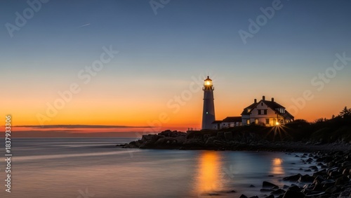 Wallpaper Mural Lighthouse on rocky coast illuminated at dusk, ocean waves blur into the sunset Torontodigital.ca