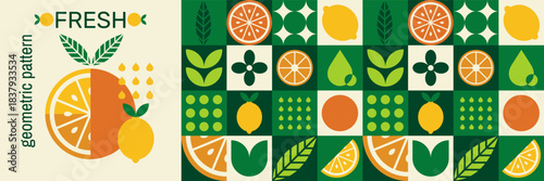 Abstract fruit citrus mosaic with geometric lines of orange lemon and grapefruit.