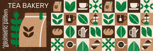Geometric bakery mosaic with tea teapot tumbler and leaf pattern .