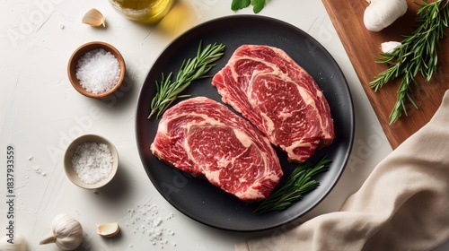 Raw ribeye steak cuts on a plate preparing with rosemary, salt, garlic, and oil