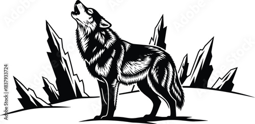 Black and White Silhouette of a Wild Wolf Howling in a Rocky Mountain Landscape, Nature, Wilderness, Powerful, Monochrome Vector Design.