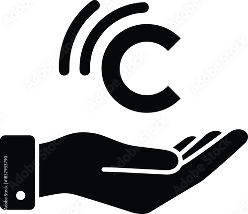 Minimalist black hand silhouette offering letter C with sound waves, communication concept, receiving information, audio symbol, abstract logo design vector icon business