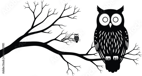Large and Small Owl Silhouettes Perched on Bare Tree Branch, Majestic Bird of Prey, Wildlife, Night, Black and White Vector Illustration.